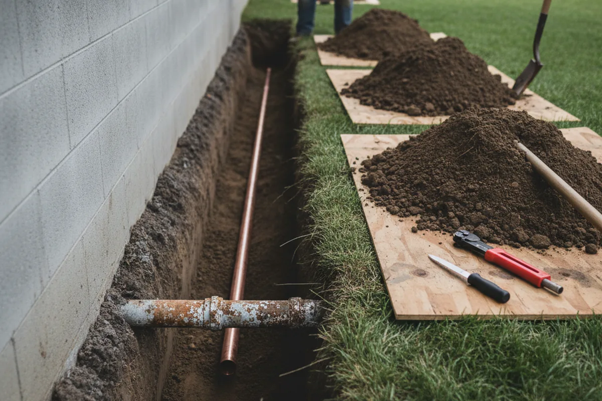 Excavated water line trench during Water Softener Installation in Whitsett